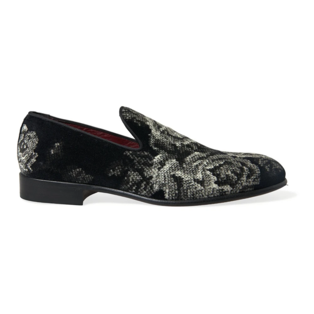 Dolce & Gabbana Men's Black Floral Loafers Velvet Leather