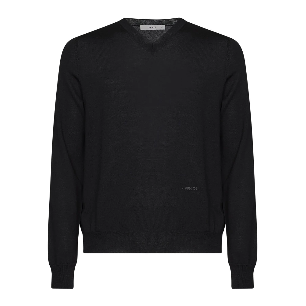 Fendi , V-Neck Knitwear, Male, Black, M, V-Neck Jumper