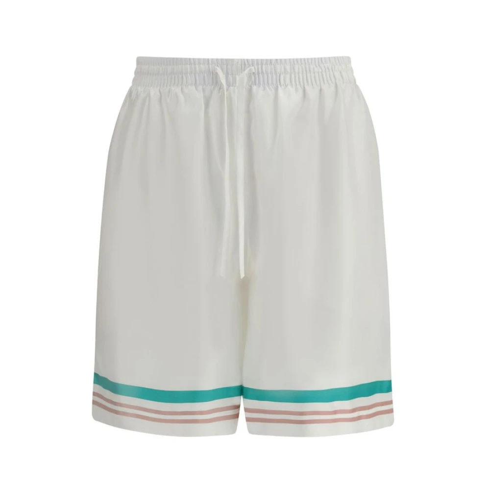 Casablanca Men's White Casual Shorts, M, Graphic Silk Shorts With Striped Detailing
