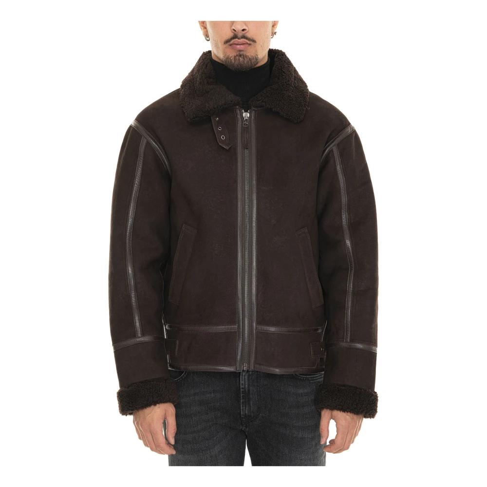 Roy Roger's Shearling Leren Trim Jas met Rits Brown Heren