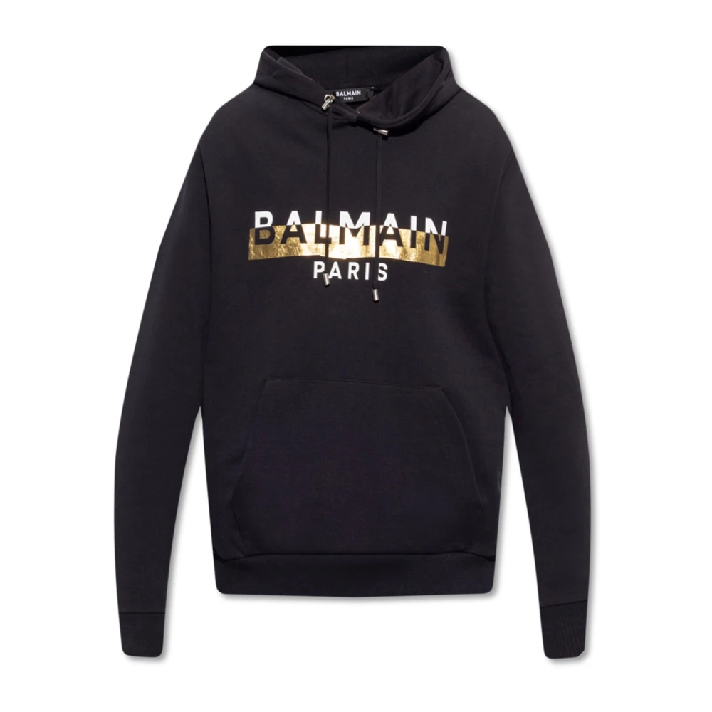 Balmain Logotyp Huva Tröja Guld Grafiskt Tryck Black, Herr