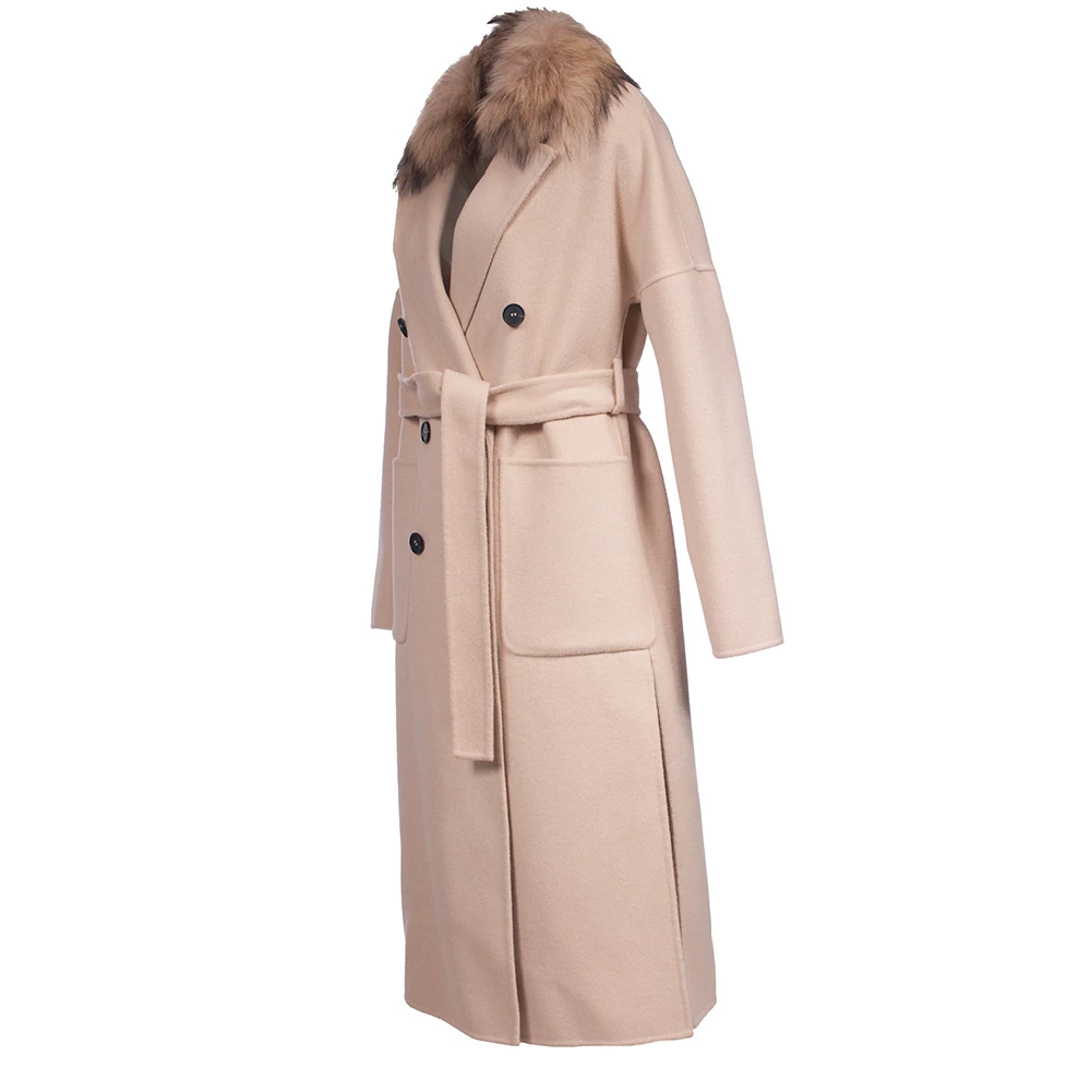 Ermanno Scervino Dubbelbreasted jas met riem en bontkraag Beige Dames