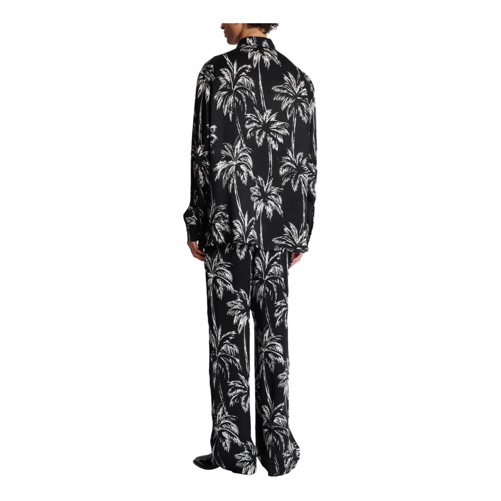 Balmain Gedrukte satijnen palmboom overhemd Black Heren
