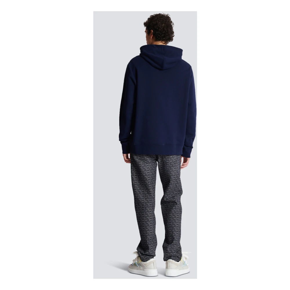 Balmain Logo Patch Hoodie Zwart Katoen Blue Heren