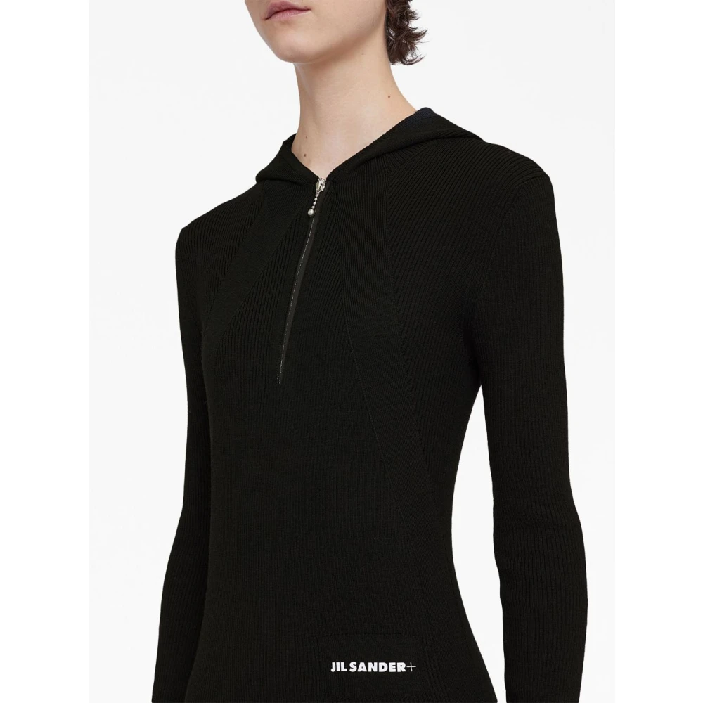 Jil Sander Zwarte Ribgebreide Hoodie Midi Jurk Black Dames