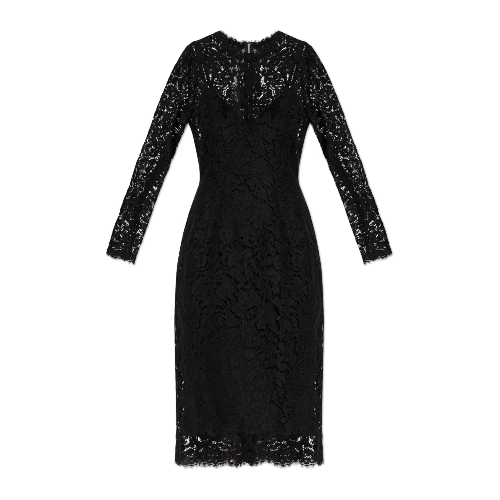 Dolce & Gabbana Vrouw Zwart Kleedjes Dames, L, Katoen, Kanten Midi-Jurk Met Lange Mouwen