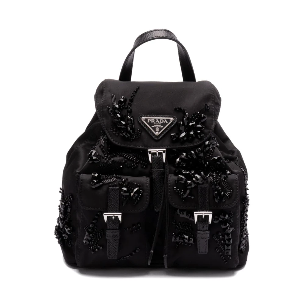 Prada Women's Black Enamel Triangle-Logo Backpack