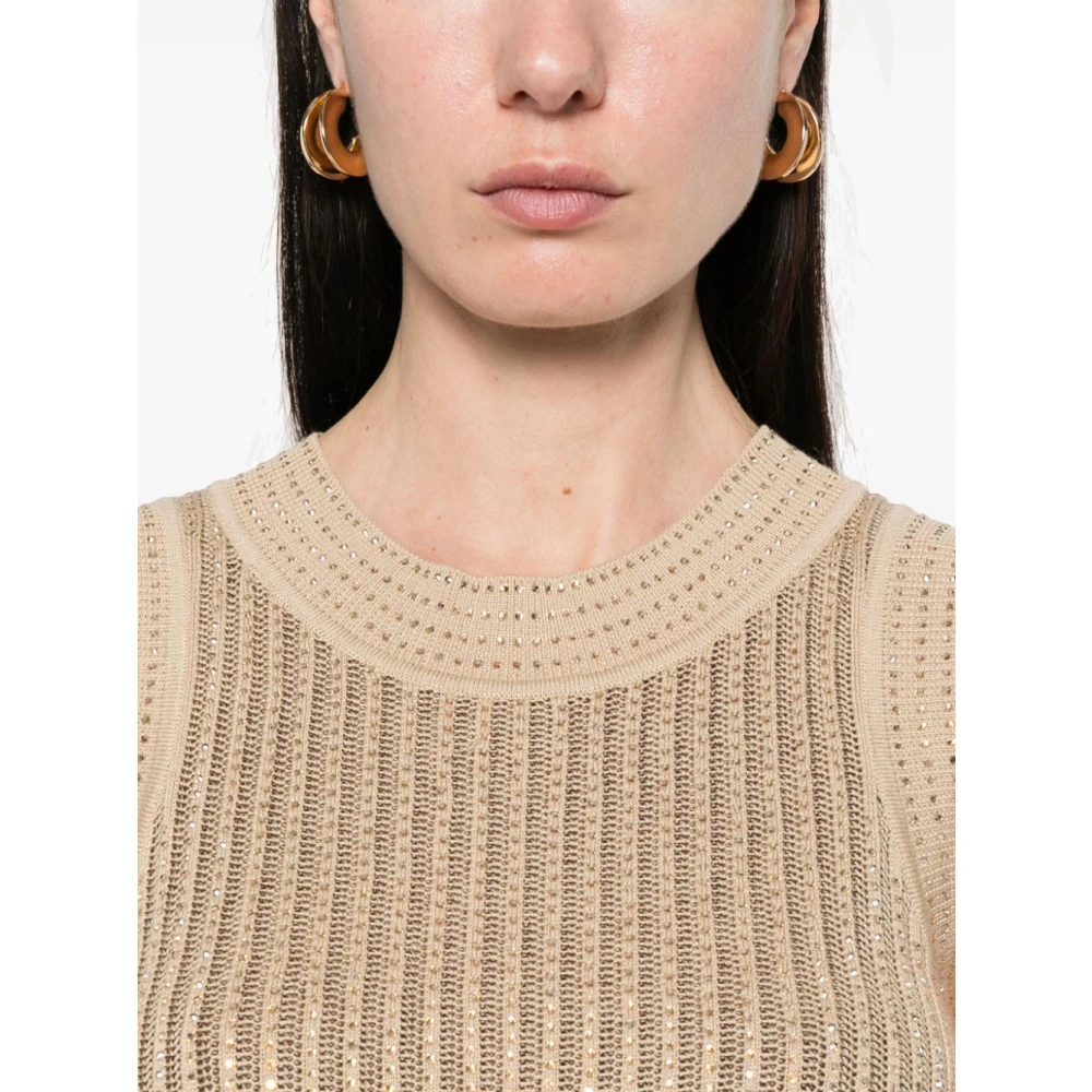 Ermanno Scervino Ivoor Geribbelde Mouwloze Top met Strass Beige Dames