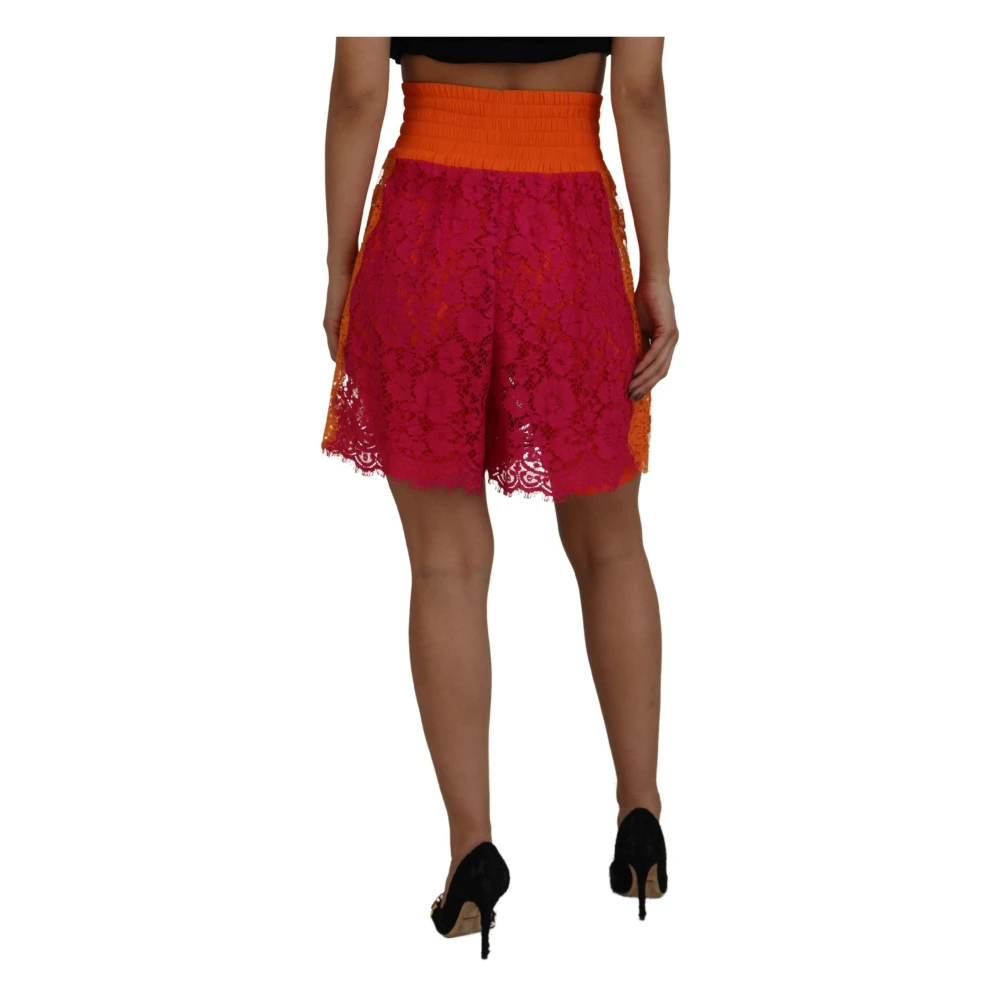 Dolce & Gabbana Roze Oranje Kant Katoenen Shorts met Hoge Taille Pink Dames