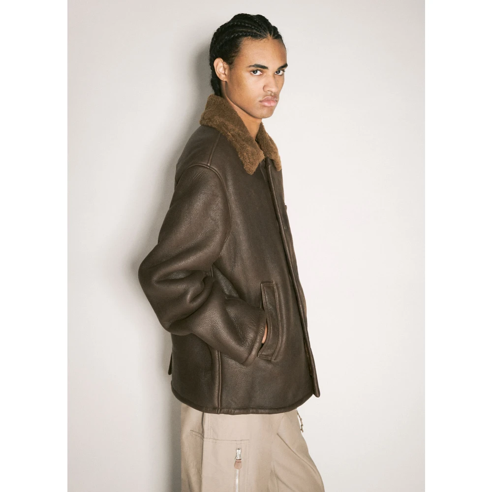 Our Legacy Leren Jas met Shearling Kraag Brown Heren