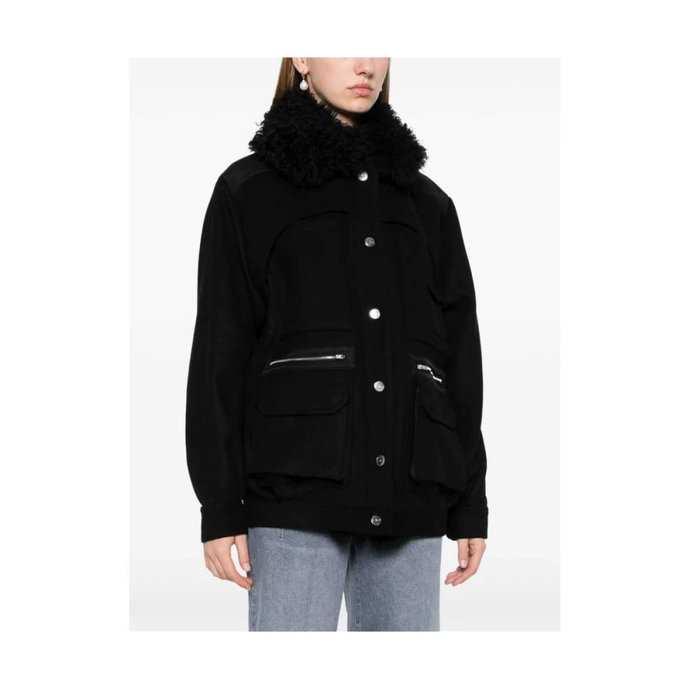 IRO Zwarte Shearling Trim Wollen Jas Black Dames