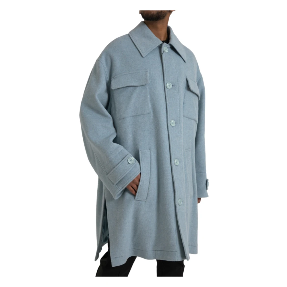 Dolce & Gabbana Lichtblauwe Wol Trenchcoat Jas Blue Heren