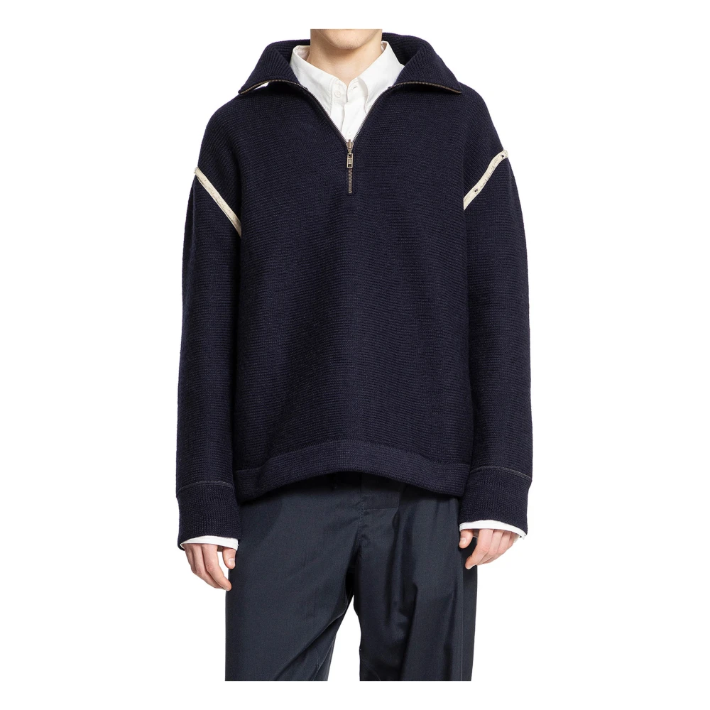 Maison Margiela , Turtlenecks, Male, Blue, L, Navy Ribbed Knit Half-Zip Pullover