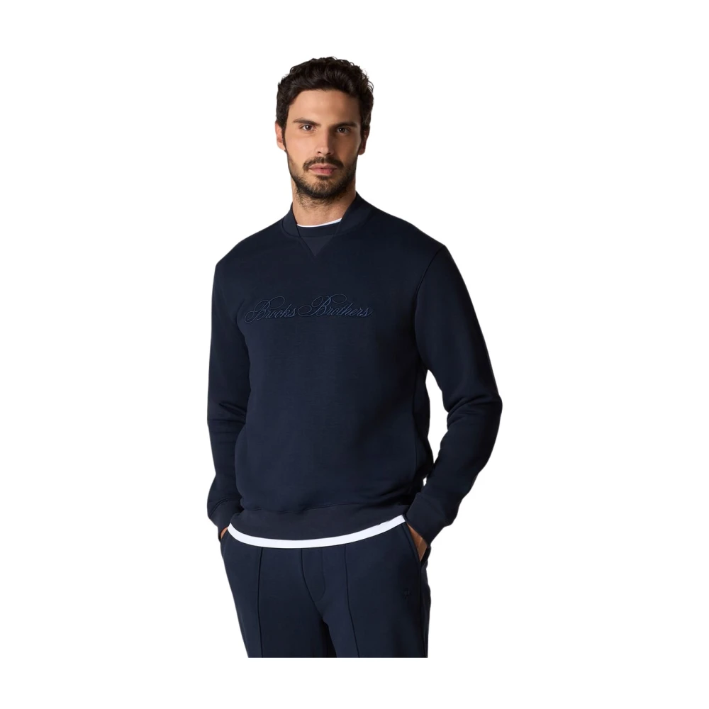 Brooks Brothers Men's Blue Sweatshirts, M, Cotton Crewneck Logo Jumper