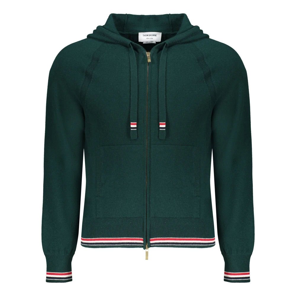 Thom Browne Kashmir Dragkedja Cardigan Ribbade Fickor Trefärgad Green, Herr