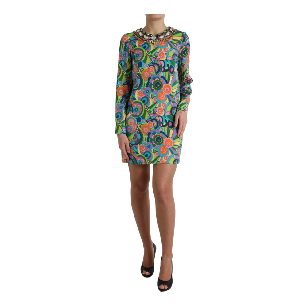 Dolce & Gabbana Geometrische Zijden Mini Jurk met Kristalversieringen Multicolor Dames