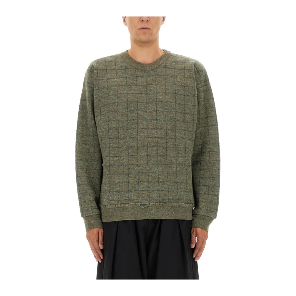 Maison Margiela Round-Neck Knitwear, Male, L, Checked Crewneck Jumper Green
