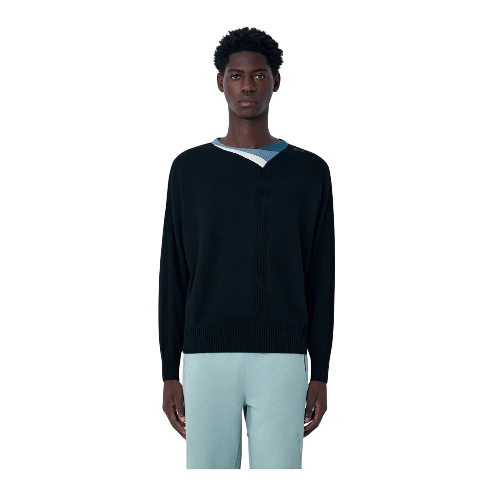 Kiko Kostadinov Men's Black Crewneck Sweater With Contrast Collar Panel
