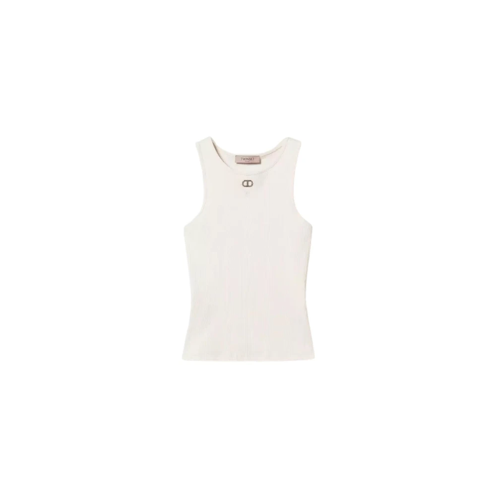 Twinset Aansluitende Ribtop met Ovale Halslijn White Dames