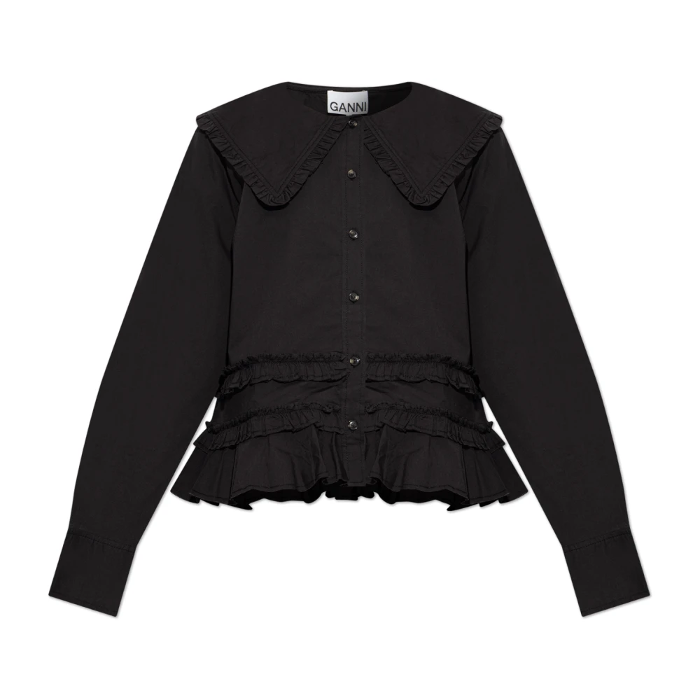Ganni Kvinno Svart Blusar & Skjortor Dam, M, Bomull, Stretch Cotton Ruffle Shirt