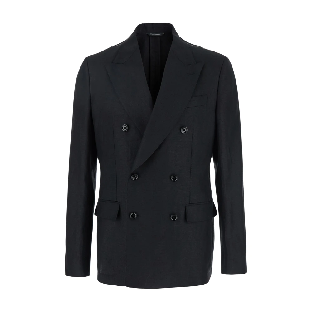 Dolce & Gabbana Zwart Linnen Double-Breasted Peak Revers Jas Black Heren
