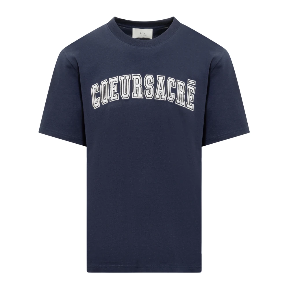 Ami Paris Crew Neck T-Shirt met Patch Writing Blue Heren
