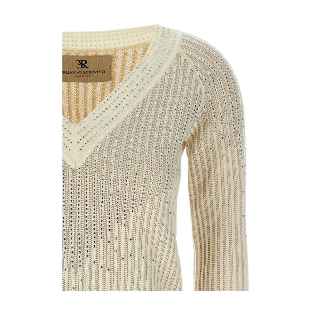 Ermanno Scervino Sweater met Rhinestone V-hals Beige Dames