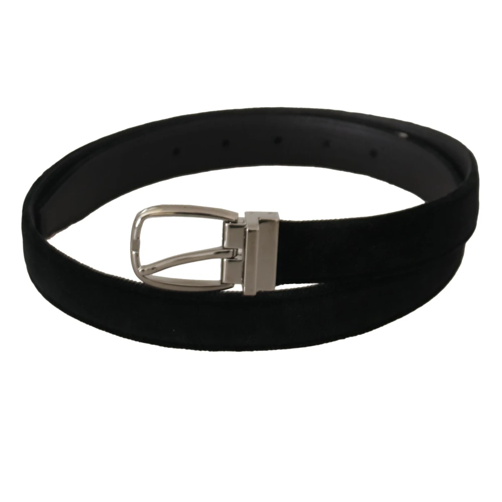 Dolce & Gabbana Elegante zwarte fluwelen riem met gegraveerde gesp Black Heren