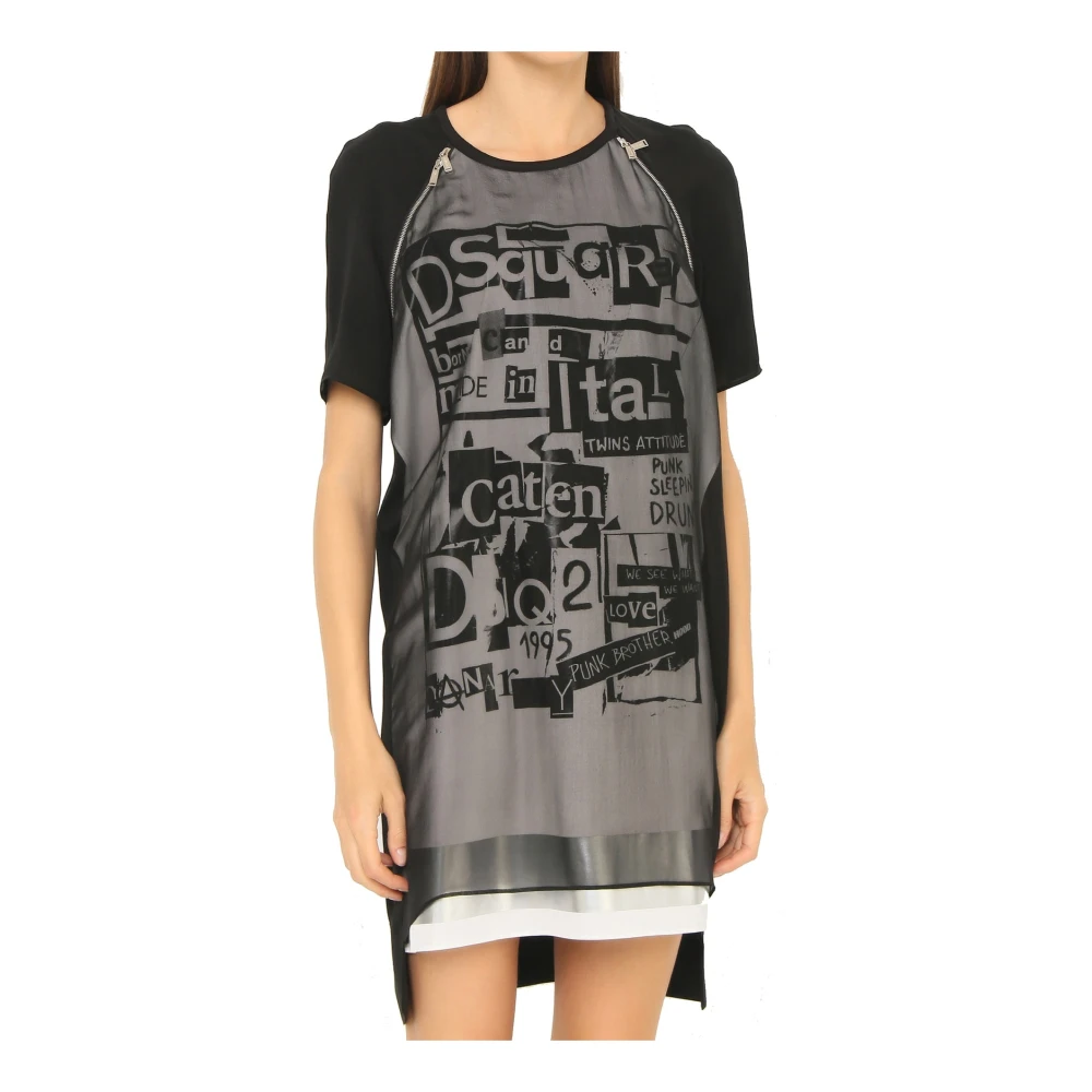 Dsquared2 Zijden Bedrukte Mini Jurk met Rits Detail Black Dames
