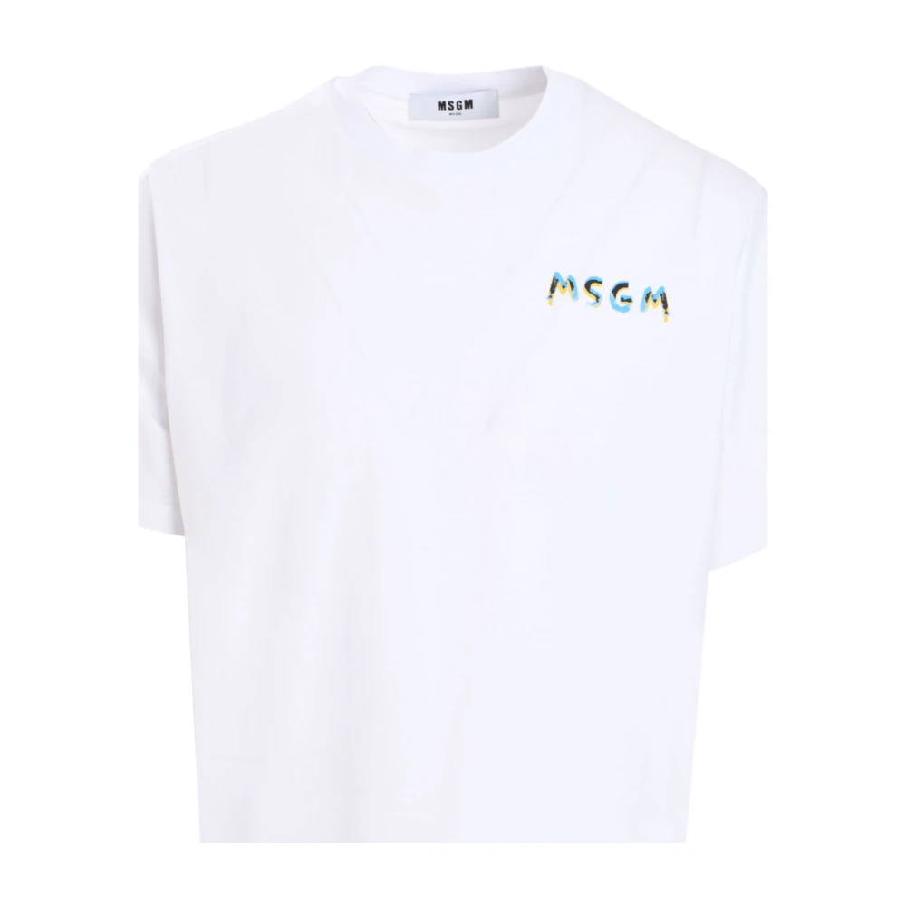 Msgm Wit Logo Print Crew Neck T-shirt White Heren