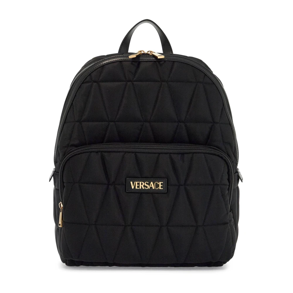 Versace Gewatteerde Nylon Rugzak met Gouden Logo Black Heren