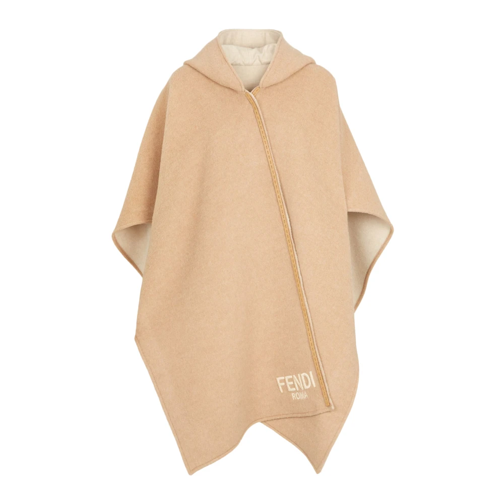 Fendi Wol Kasjmier Poncho met Leren Details Beige Dames