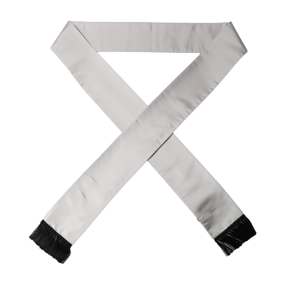 Dolce & Gabbana Light Gray Satin Silk Fringed Lace Stole Scarf - Image 2