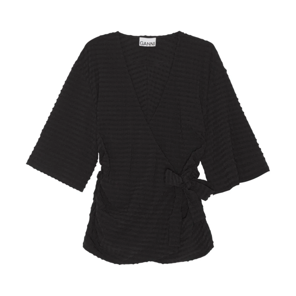 Ganni Seersucker Wrap Blouse Black Dames