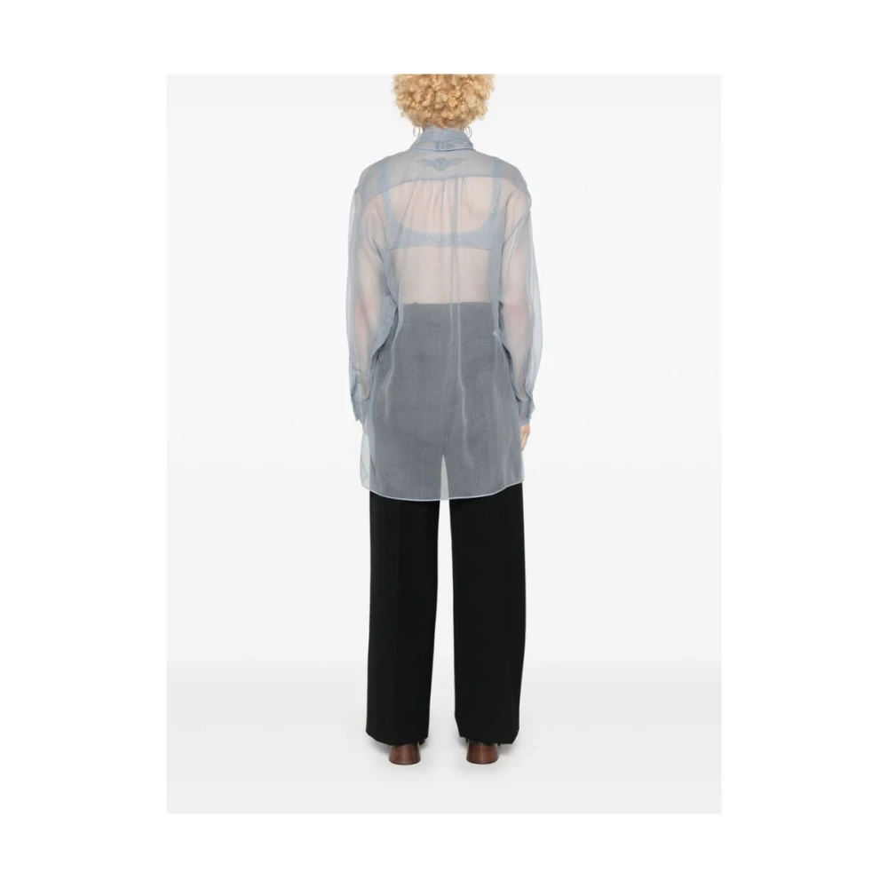 Giorgio Armani Blauwe Zijden Organza V-Hals Shirt Blue Dames