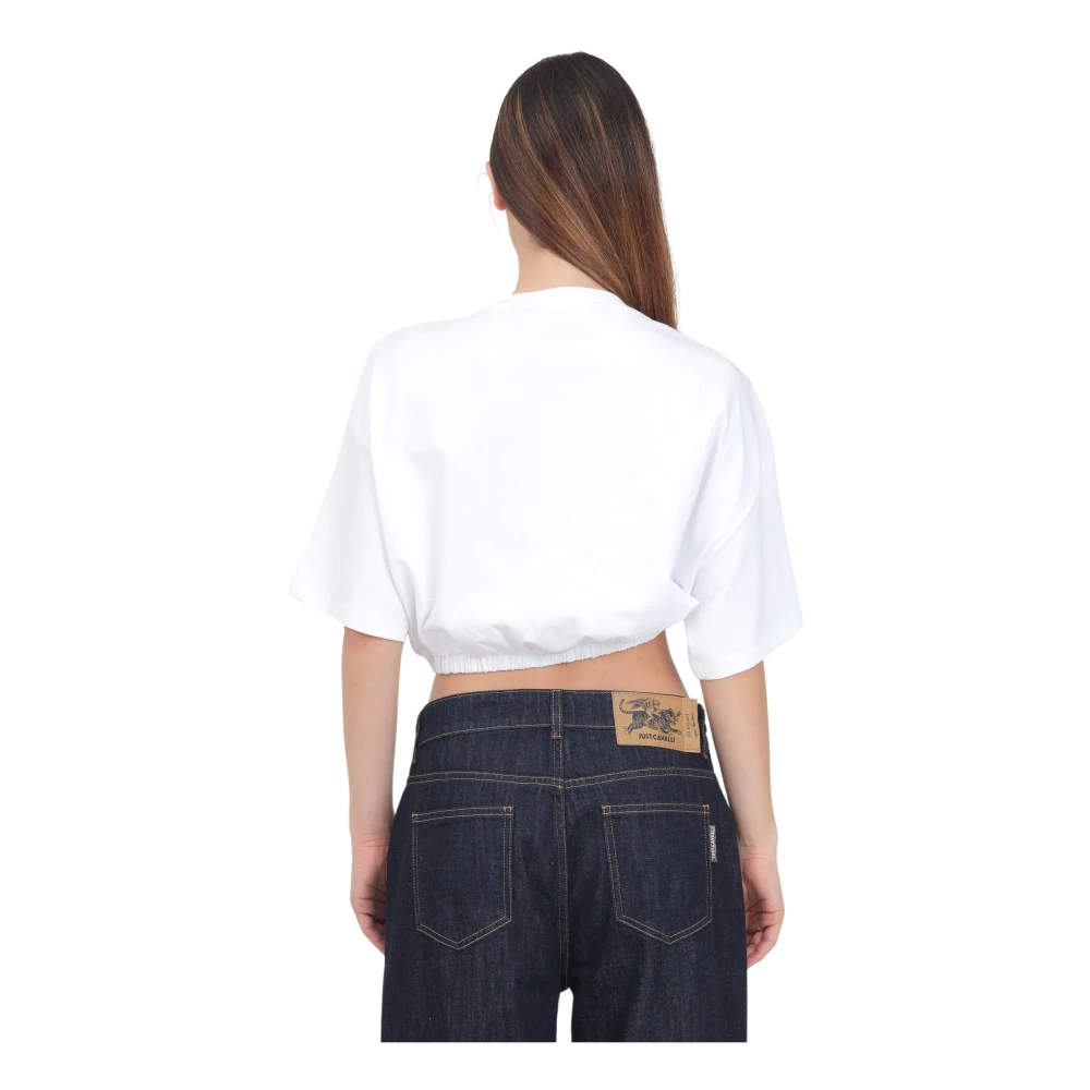 Just Cavalli Wit Logo Versierde Crop T-shirt White Dames