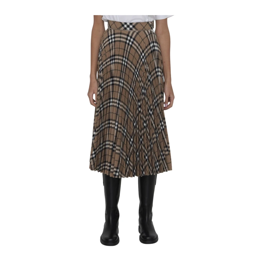 Burberry Women's Multicolor Midi Skirts, 2XS, Pleated Check Wool Blend Midi Skirt