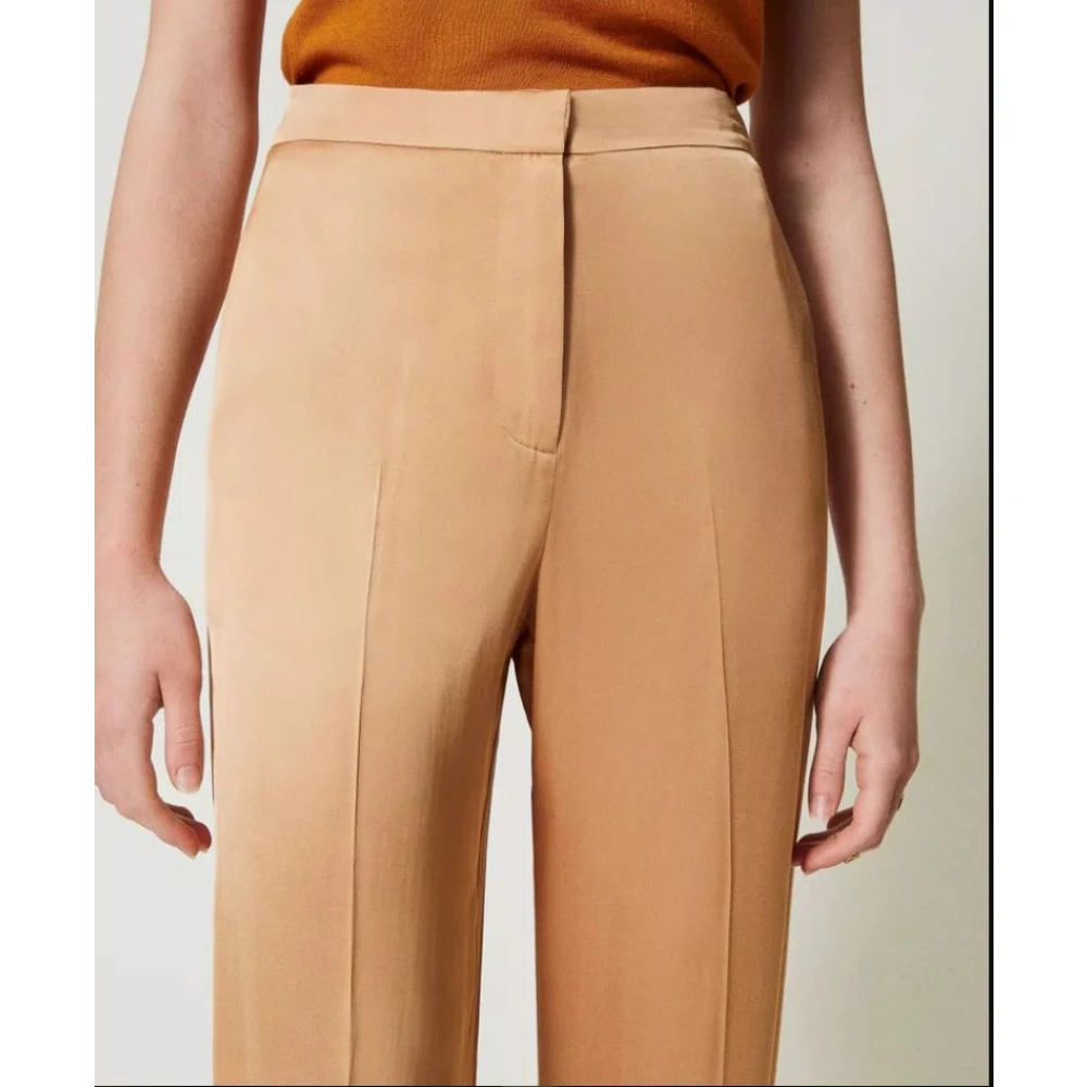 Twinset Satijnen Broek Kameel Rechte Lijn Brown Dames