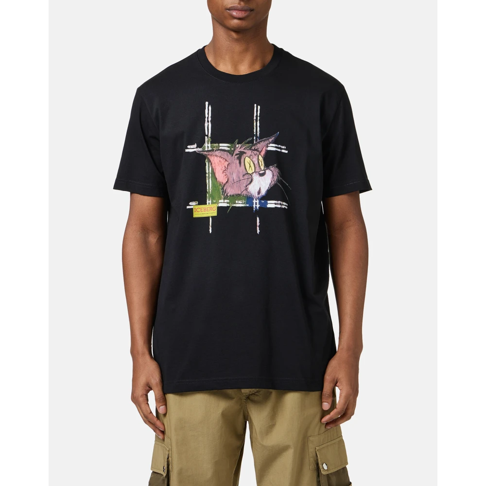 Iceberg Klassiek regular fit zwart T-shirt van katoenen jersey met Tom-print op de voorkant Black Heren