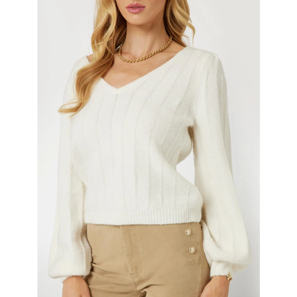 Guess Witte V-hals trui met pofmouwen White Dames