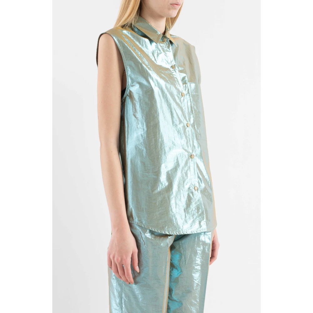 Tela Casual Overhemden Mouwloos Poplin Lurex Knoopsluiting Green Dames