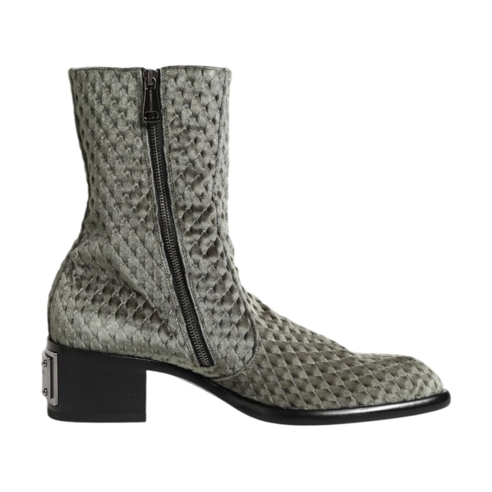 Dolce & Gabbana Women's Gray Cotton Velvet Mid Calf Boots