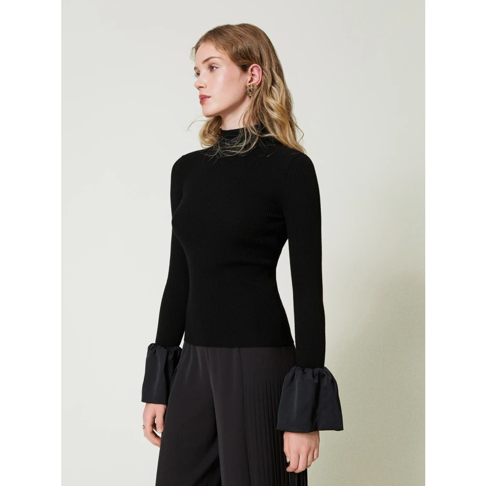 Twinset Zwarte Geribbelde Trui met Satijnen Ruche Black Dames