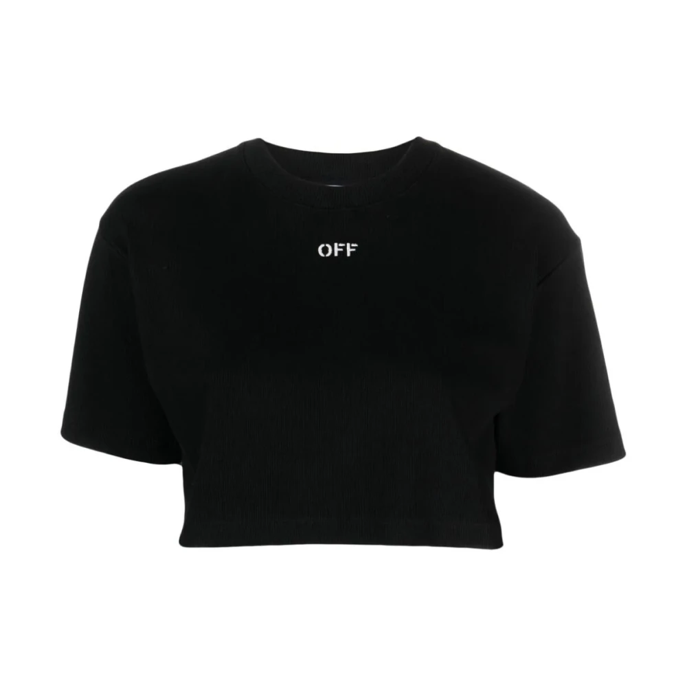 Off White Women's Black T-Shirts, S, White Stamp Cropped T-Shirt