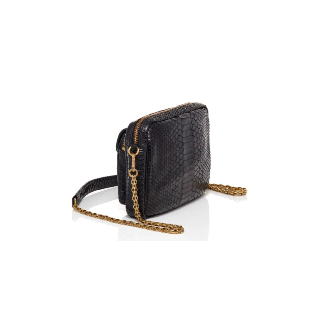 Claris Virot Zwarte Python Schoudertas met Gouden Ketting Black Dames