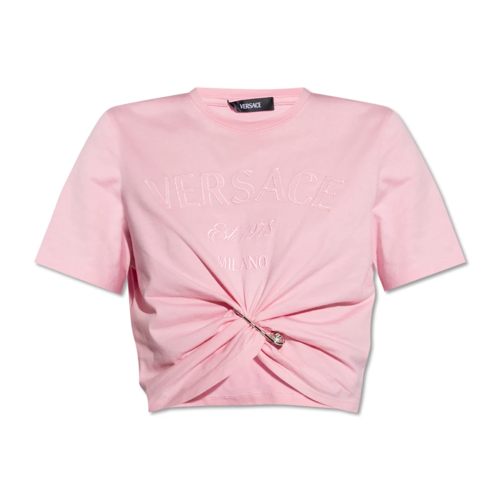 Versace Logo Borduurwerk Cropped T-Shirt Pink Dames