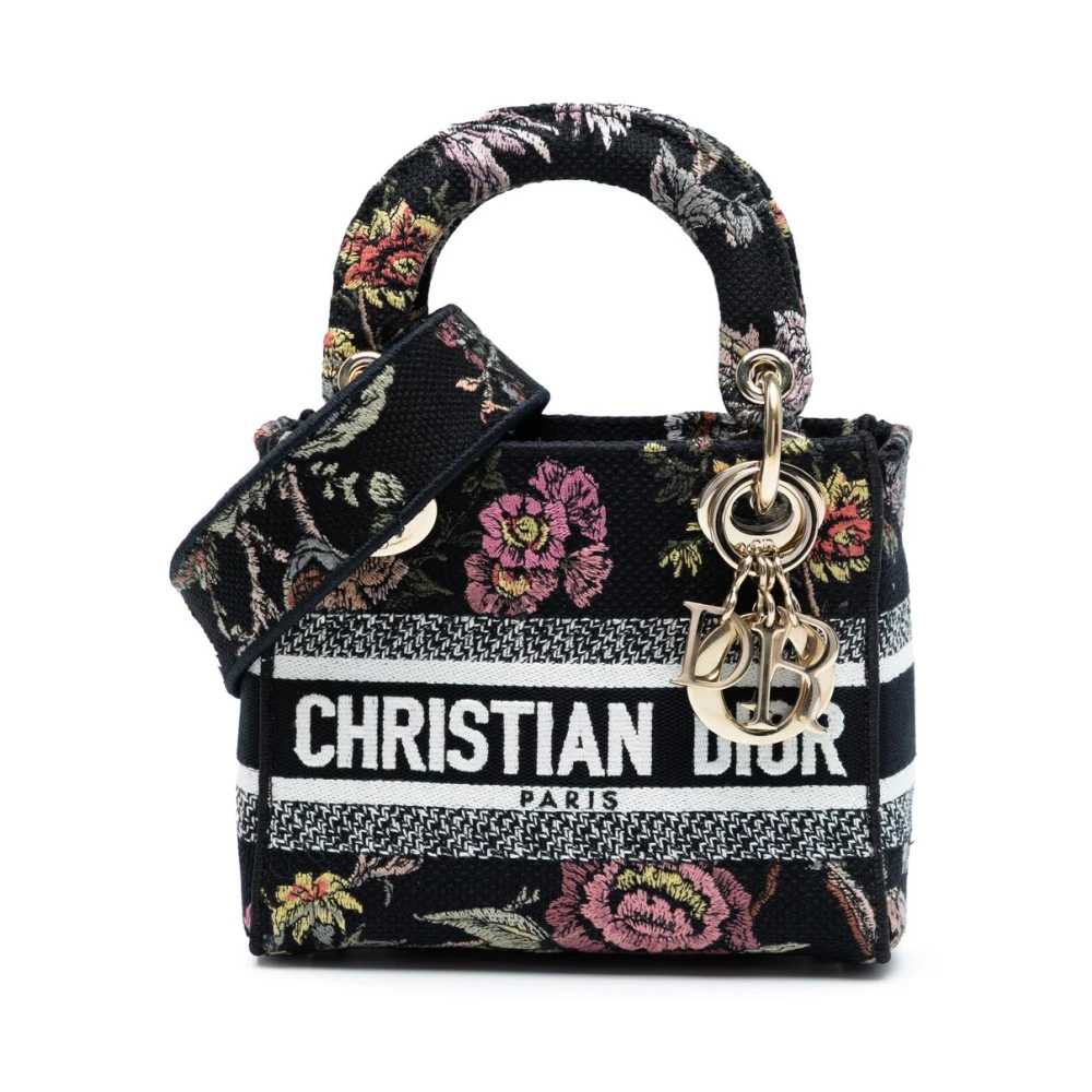 Dior Vintage Women's Black Pre-Owned Floral Embroidered Handbag