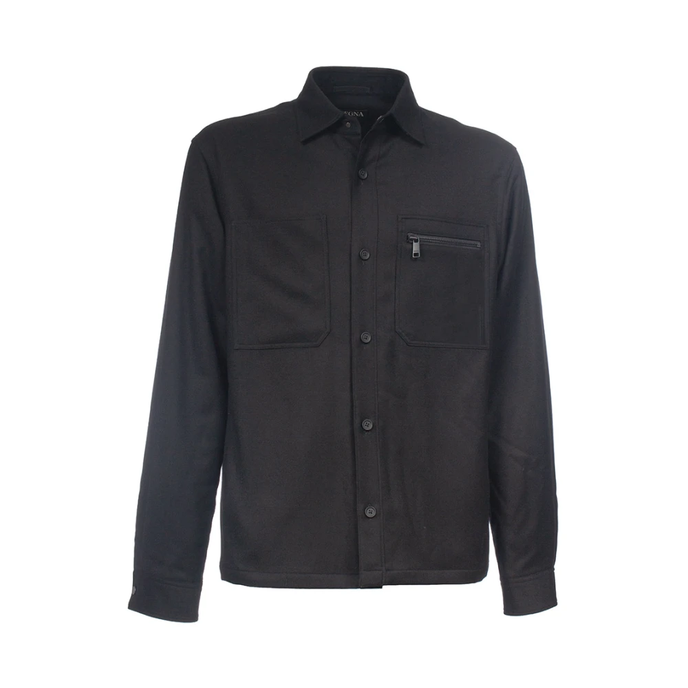 Ermenegildo Zegna Techmerino overshirt met knoopsluiting Black Heren