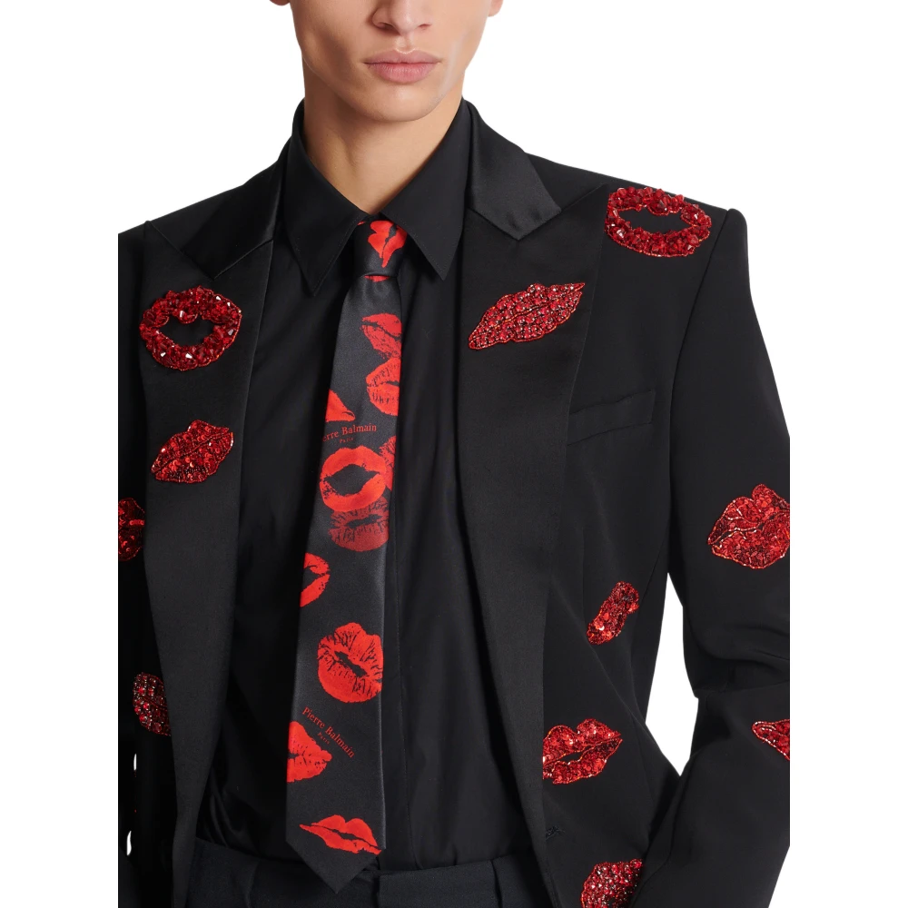 Balmain Smalle zijden stropdas met kusprint Black Heren