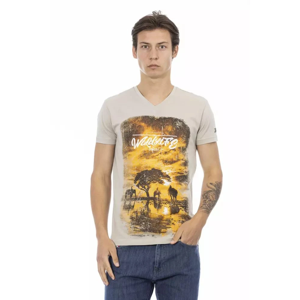 Trussardi Men's Beige Elegant V-Neck Tee With Frontprint